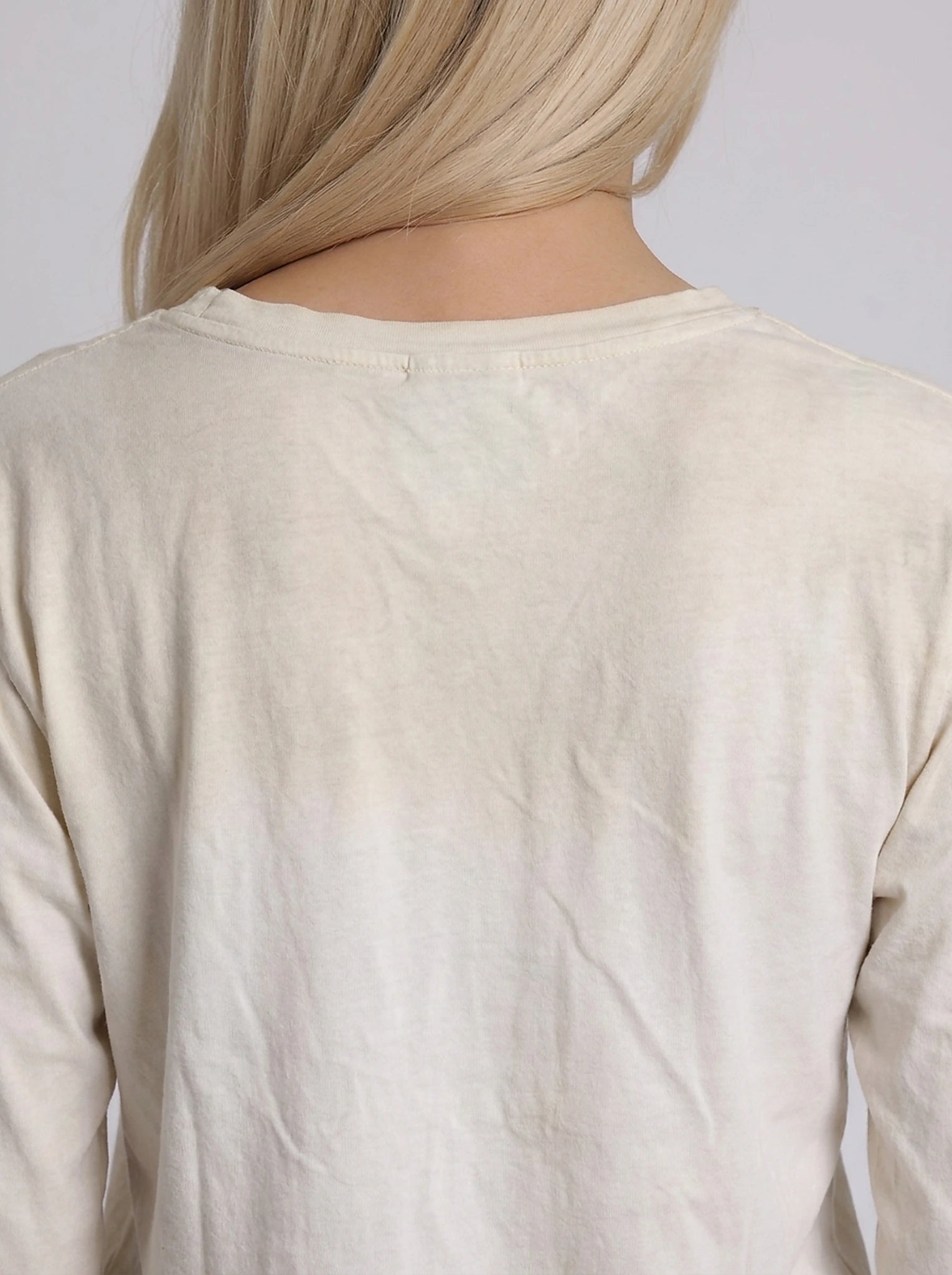 Fallen Scholar Distressed Text Graphic Long Sleeve Top in Washed Cream