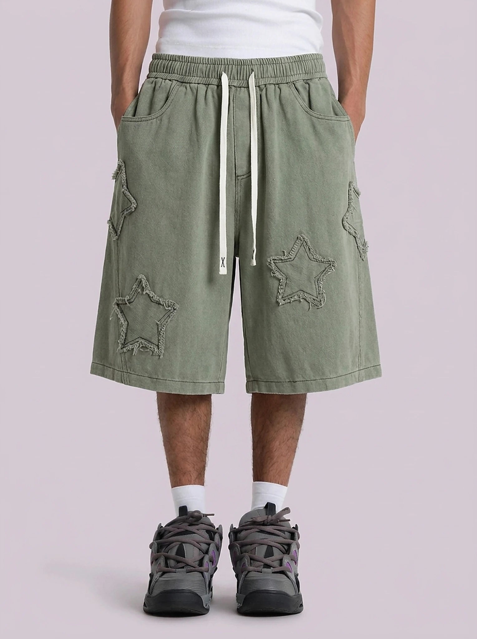 Star Patch Baggy Drawstring Shorts in Washed Olive