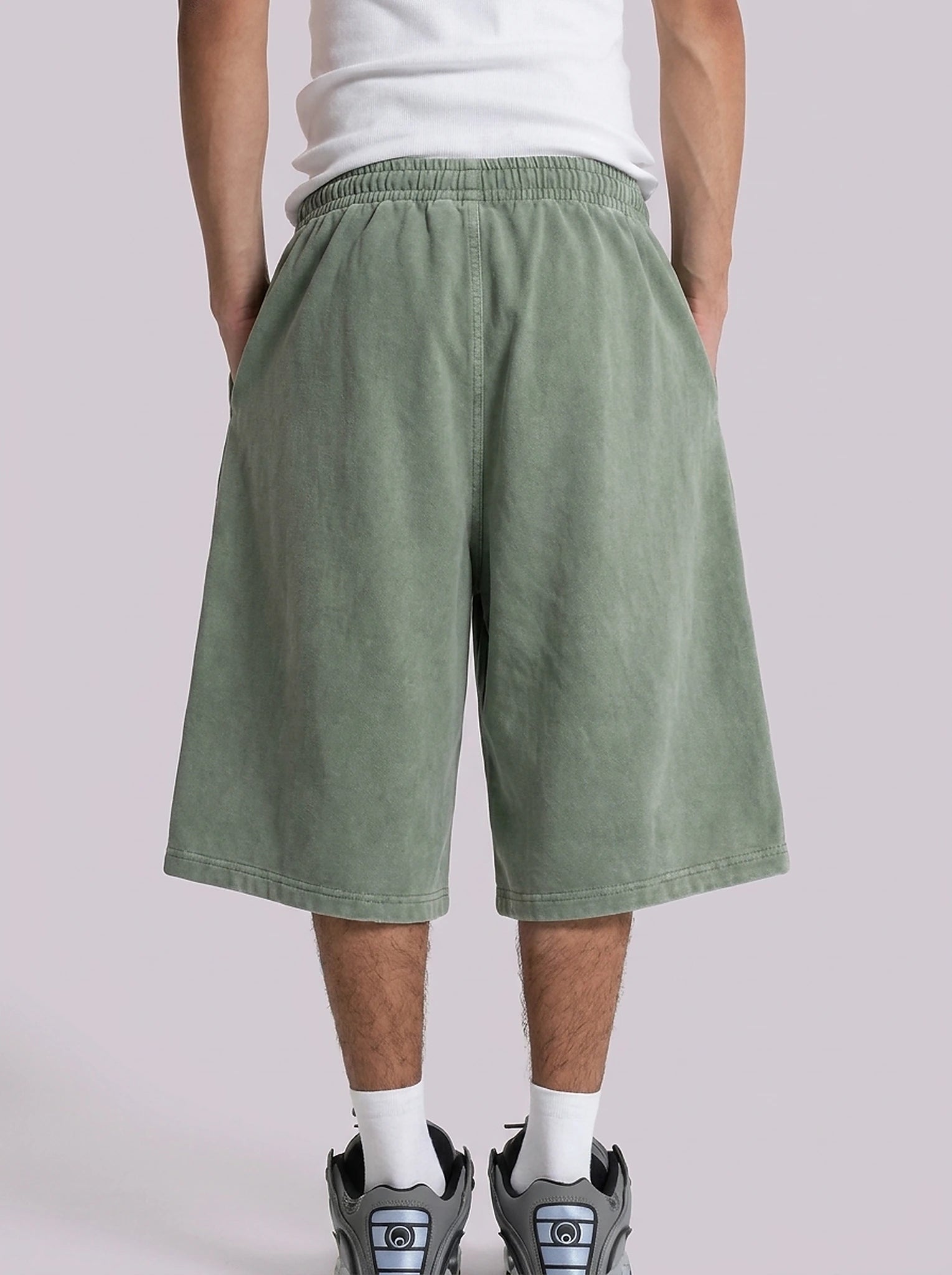Star Patch Baggy Drawstring Shorts in Washed Olive