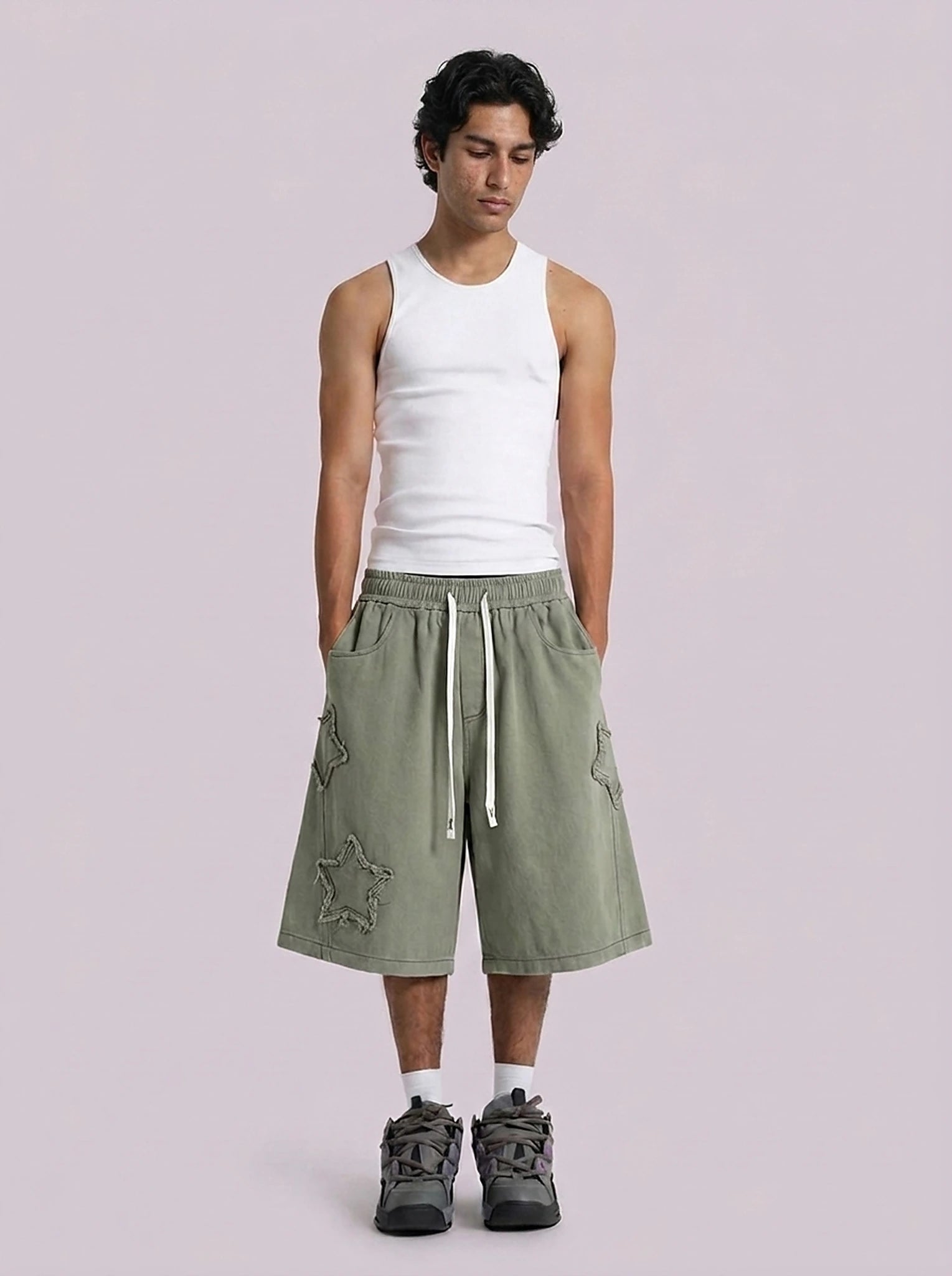 Star Patch Baggy Drawstring Shorts in Washed Olive