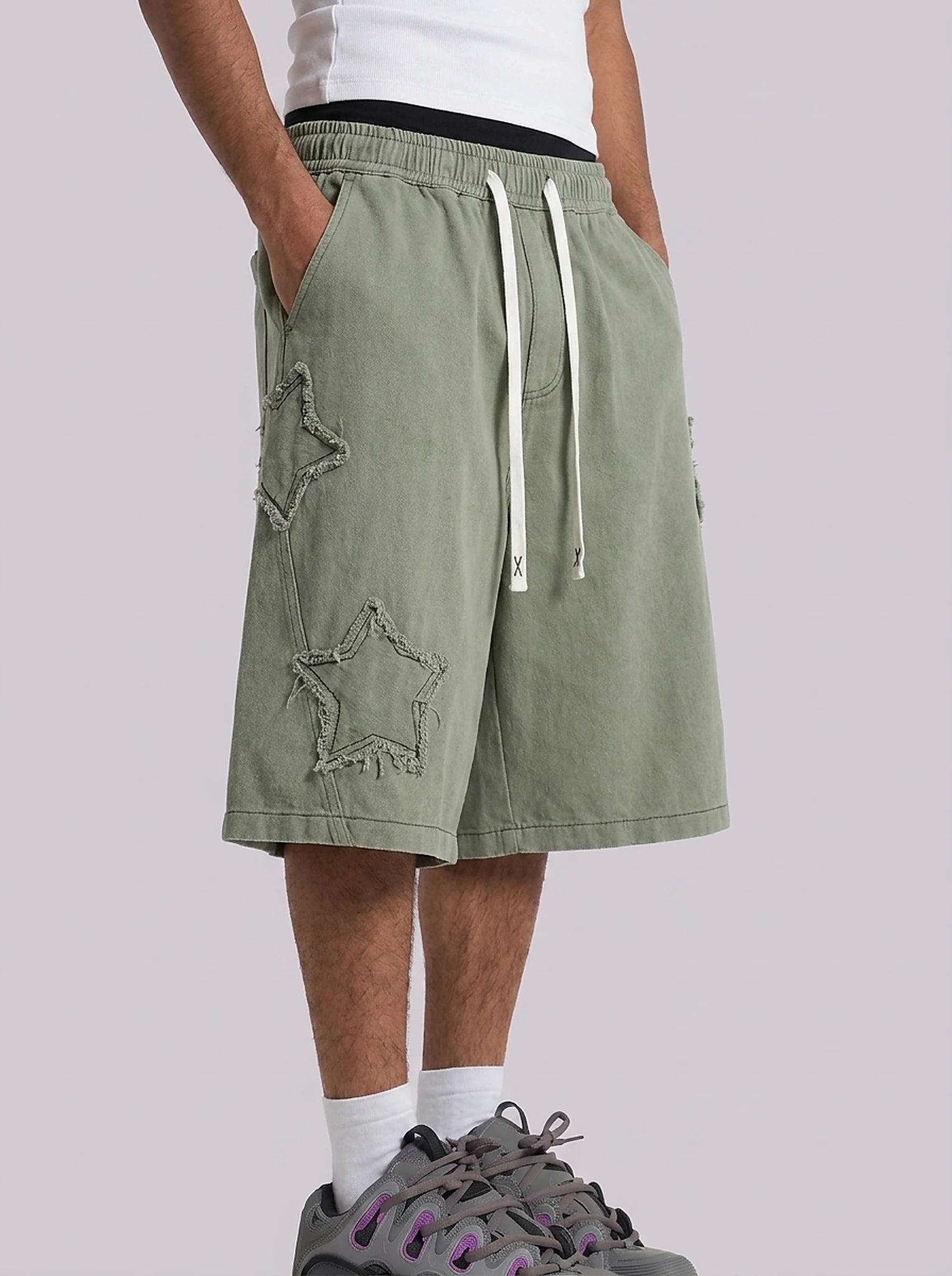 Star Patch Baggy Drawstring Shorts in Washed Olive