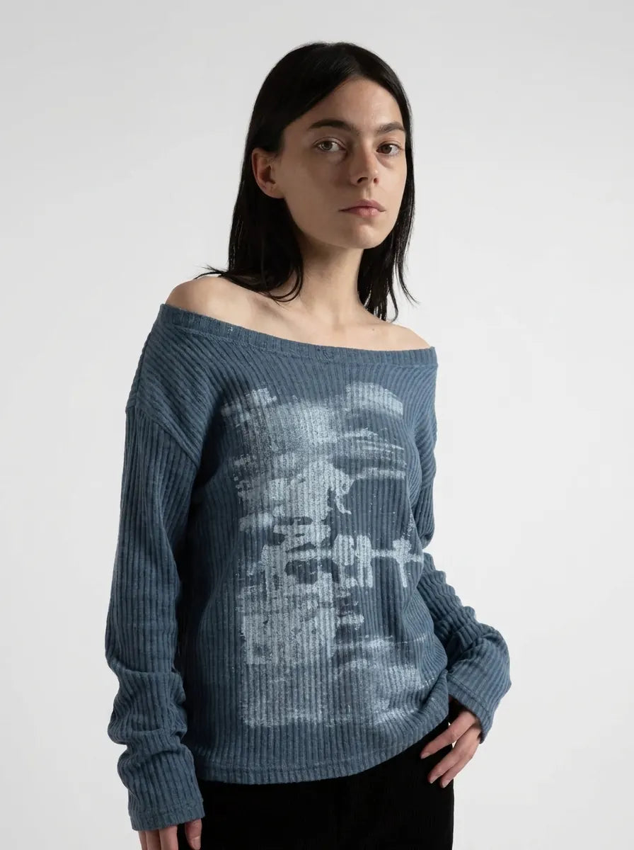 Y2K Long Sleeve Top Vintage Print Skew Collar Blue White Streetwear — Riot Vintage Print