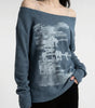 Y2K Long Sleeve Top Vintage Print Skew Collar Blue White Streetwear — Riot Vintage Print