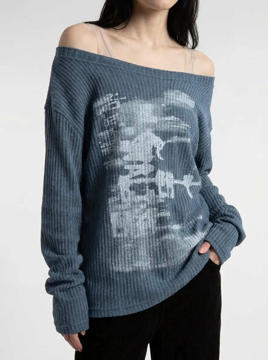 Y2K Long Sleeve Top Vintage Print Skew Collar Blue White Streetwear — Riot Vintage Print