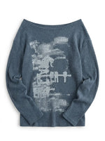 Y2K Long Sleeve Top Vintage Print Skew Collar Blue White Streetwear — Riot Vintage Print