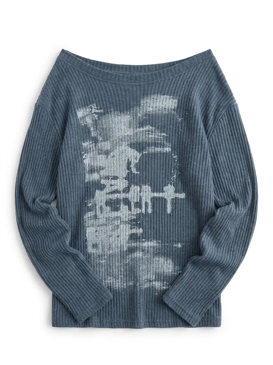 Y2K Long Sleeve Top Vintage Print Skew Collar Blue White Streetwear — Riot Vintage Print
