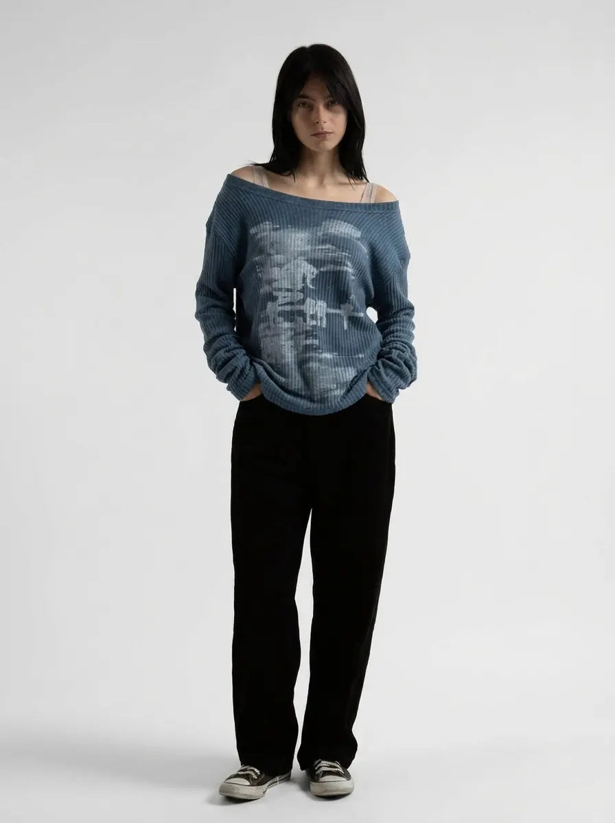 Y2K Long Sleeve Top Vintage Print Skew Collar Blue White Streetwear — Riot Vintage Print
