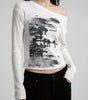 Y2K Long Sleeve Top Vintage Print Skew Collar Blue White Streetwear — Riot Vintage Print