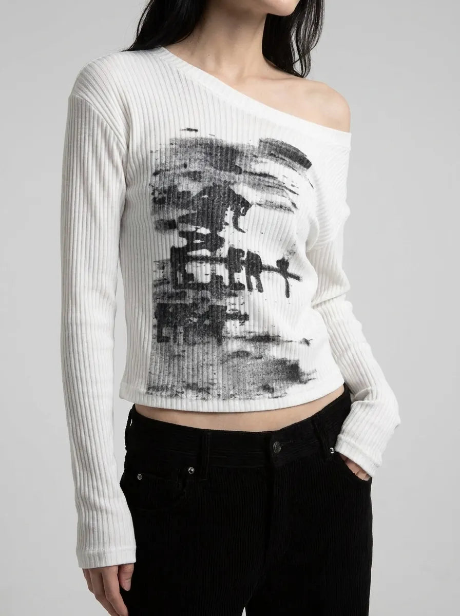 Y2K Long Sleeve Top Vintage Print Skew Collar Blue White Streetwear — Riot Vintage Print