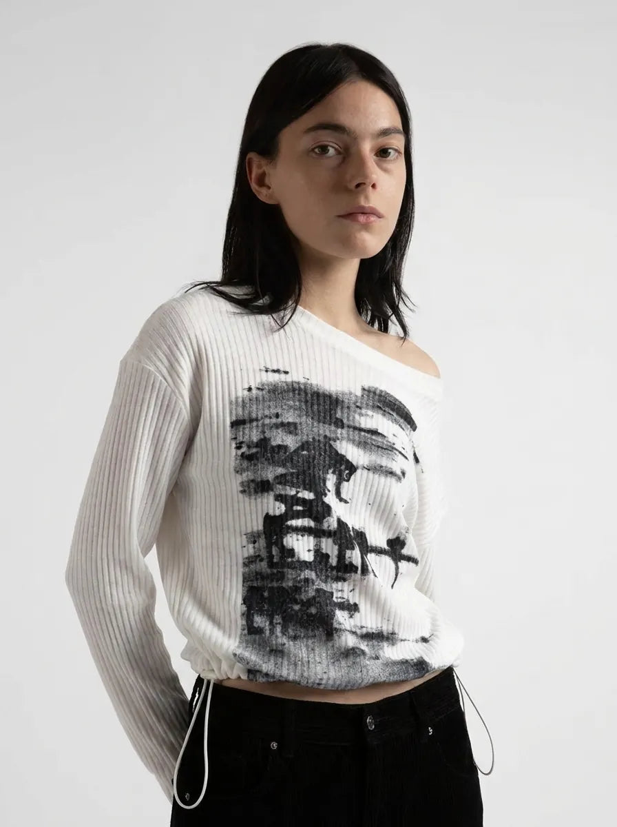 Y2K Long Sleeve Top Vintage Print Skew Collar Blue White Streetwear — Riot Vintage Print