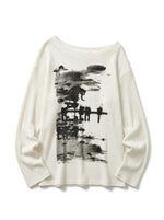Y2K Long Sleeve Top Vintage Print Skew Collar Blue White Streetwear — Riot Vintage Print