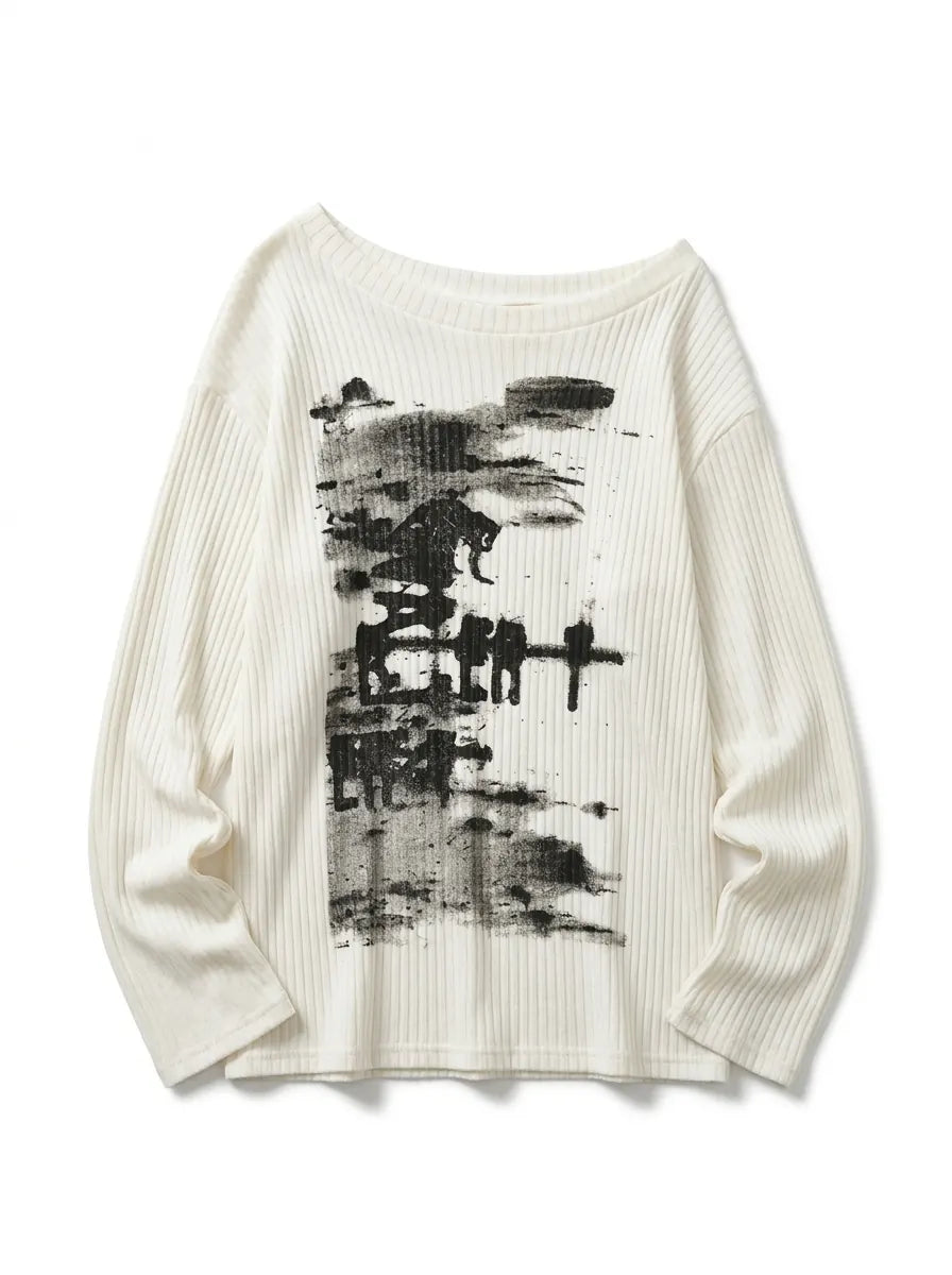Y2K Long Sleeve Top Vintage Print Skew Collar Blue White Streetwear — Riot Vintage Print