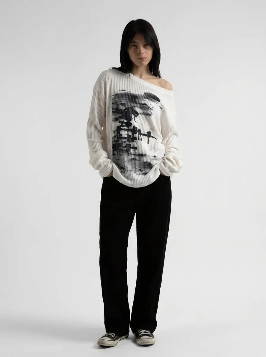 Y2K Long Sleeve Top Vintage Print Skew Collar Blue White Streetwear — Riot Vintage Print